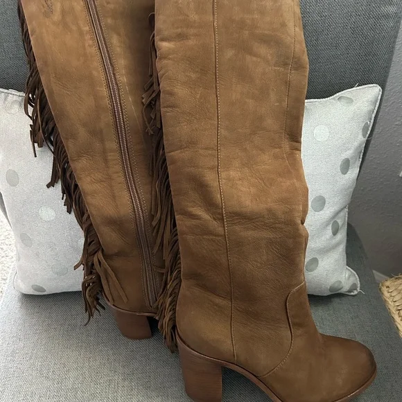 Brown Suede Heeled Boots with Fringe Detail - Picture 3 of 8